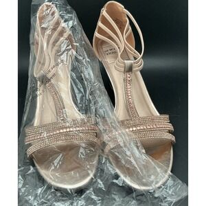 New York Transit Rose Gold Badges Shine Rhinestone Wedge Sandal Size 9M NIB